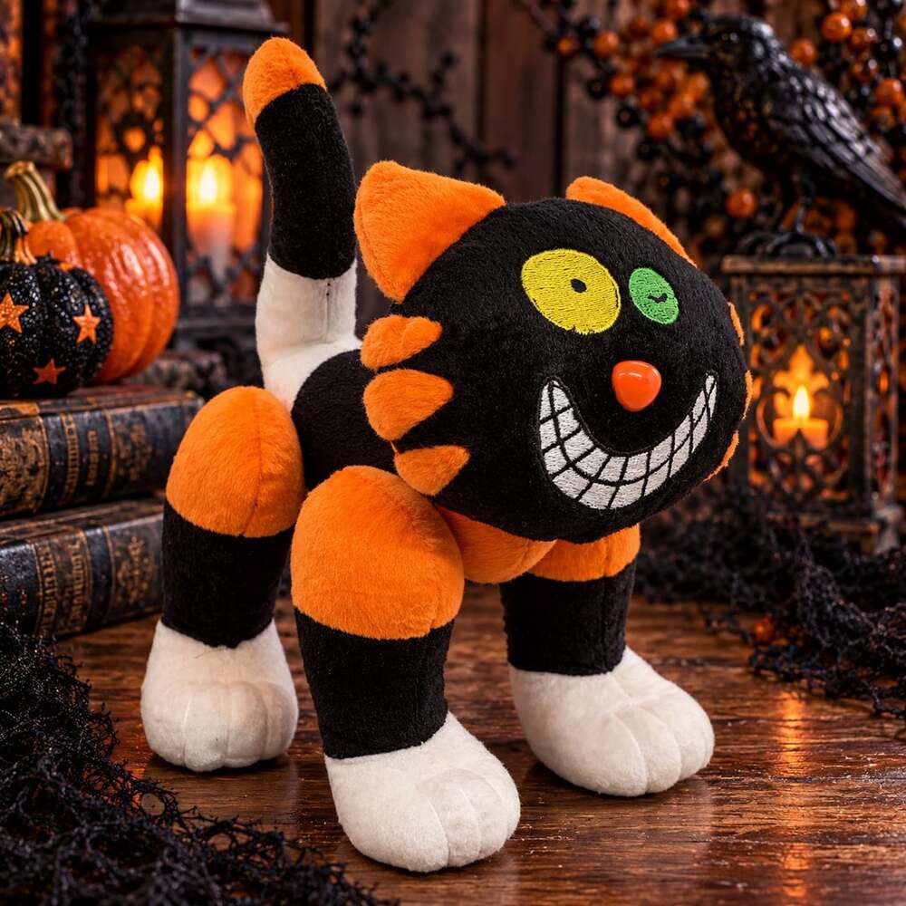 Atico Posable Halloween Cat Black Orange Stripe Plush Grinning Grunge Kitty Vtg